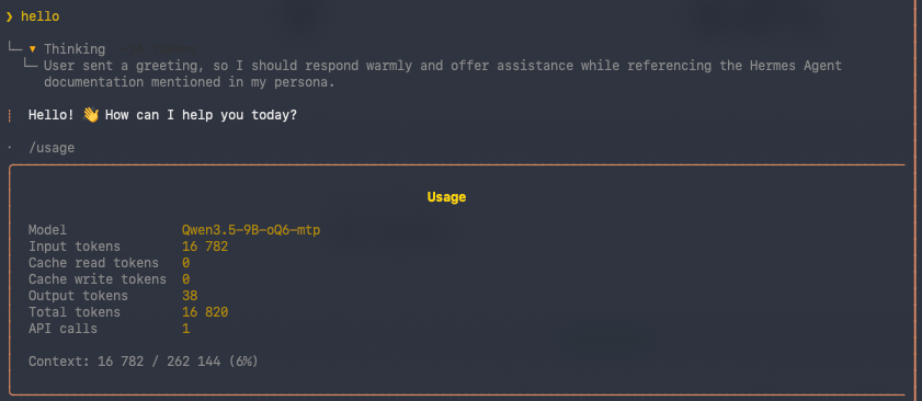 Hermes context usage with default tools enabled